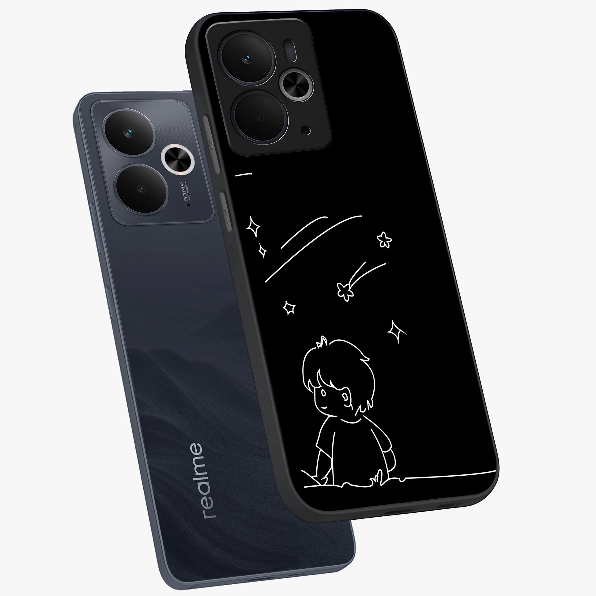 Line Art Boy With Shooting Stars Glass Case displayed in angled mockup highlighting elegant line art design with dreamy star aesthetic.