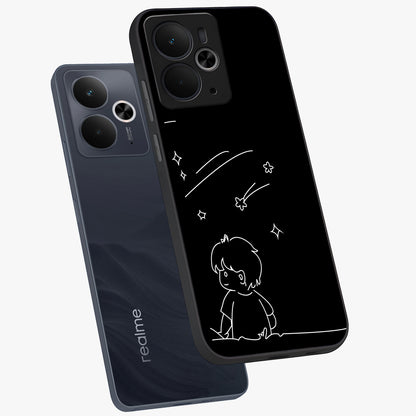 Line Art Boy With Shooting Stars Glass Case displayed in angled mockup highlighting elegant line art design with dreamy star aesthetic.