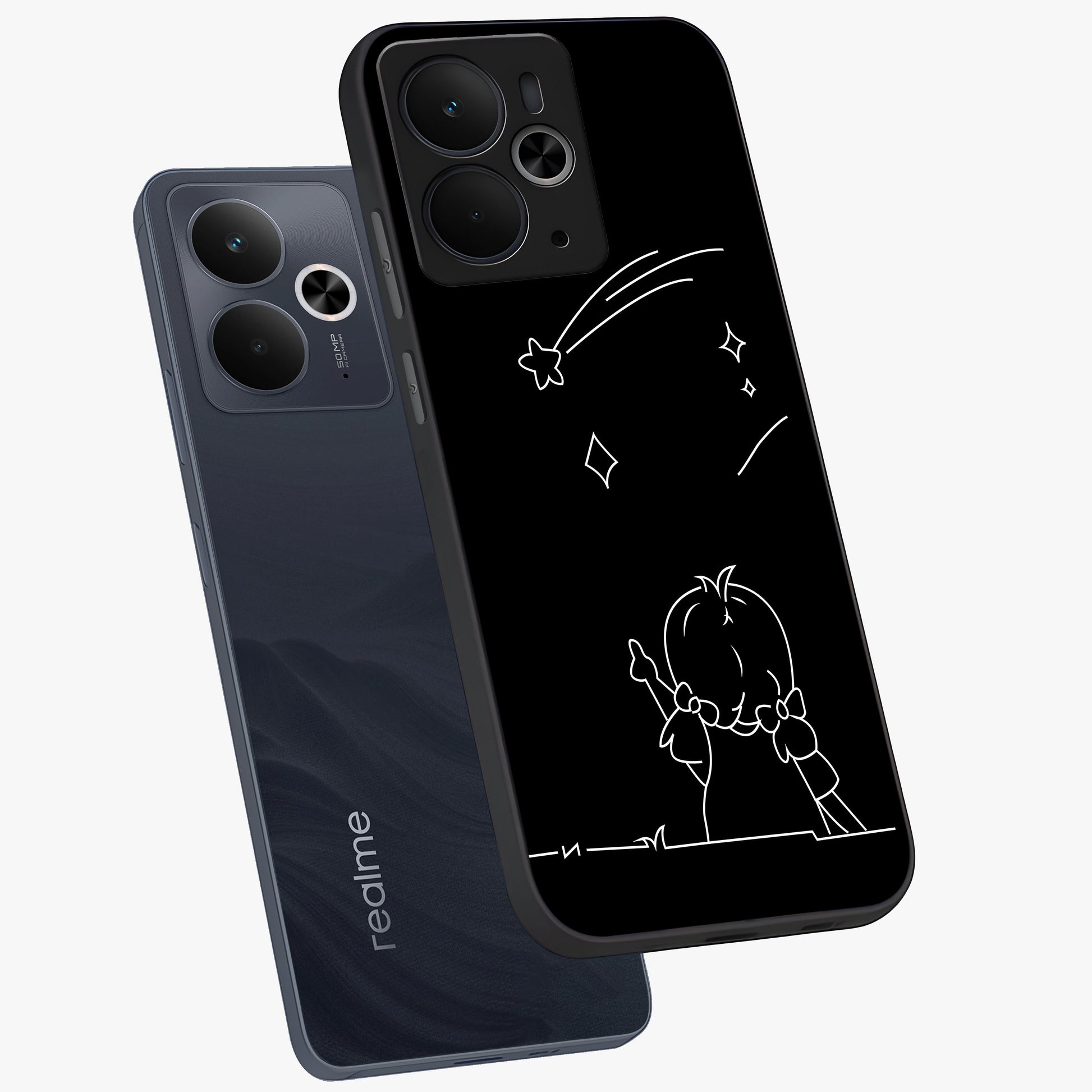 Line Art Girl With Shooting Stars Glass Case displayed in angled mockup highlighting elegant line art design with dreamy star aesthetic.