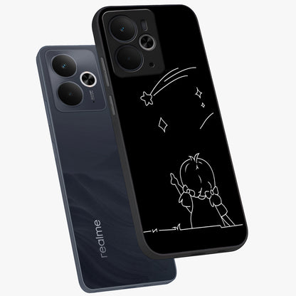 Line Art Girl With Shooting Stars Glass Case displayed in angled mockup highlighting elegant line art design with dreamy star aesthetic.