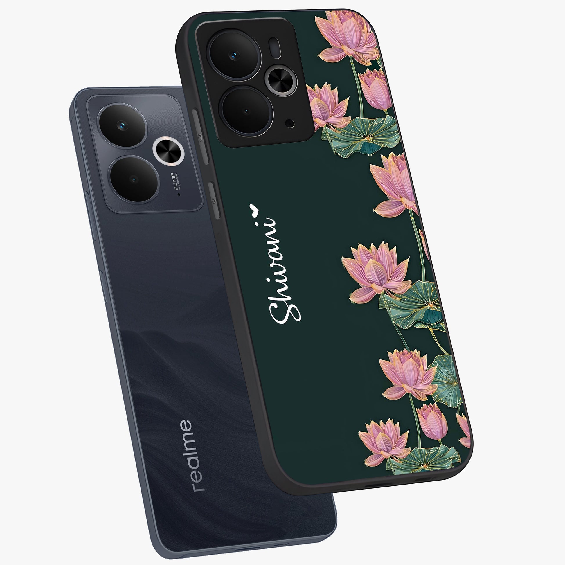 Lotus Bloom Serenity Custom Name Glass Case displayed in angled mockup highlighting graceful lotus illustration with custom name feature.