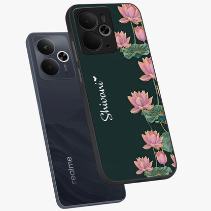 Lotus Bloom Serenity Custom Name Glass Case displayed in angled mockup highlighting graceful lotus illustration with custom name feature.