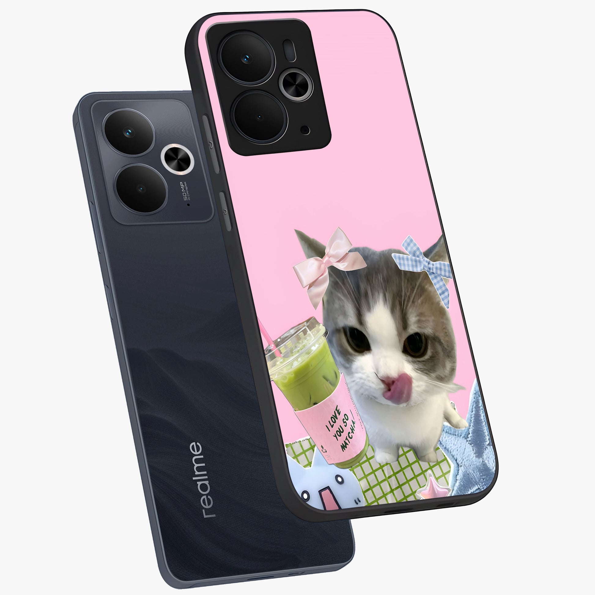 Love Matcha Cat Glass Case displayed in angled mockup highlighting playful feline illustration with cozy matcha aesthetic.