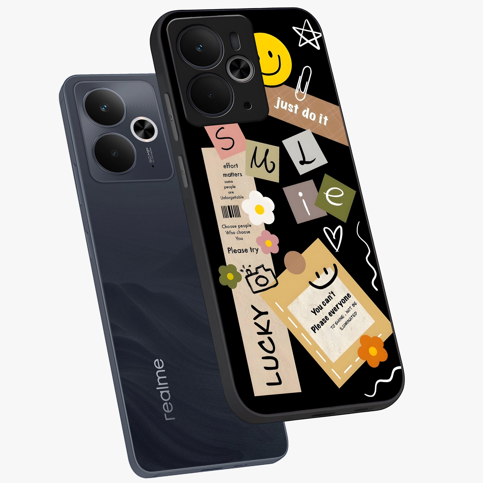Lucky Aesthetic Collage Glass Case displayed in angled mockup highlighting stylish collage pattern with modern aesthetic vibe.
