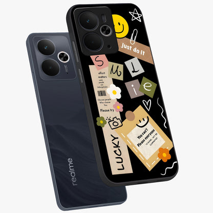 Lucky Aesthetic Collage Glass Case displayed in angled mockup highlighting stylish collage pattern with modern aesthetic vibe.