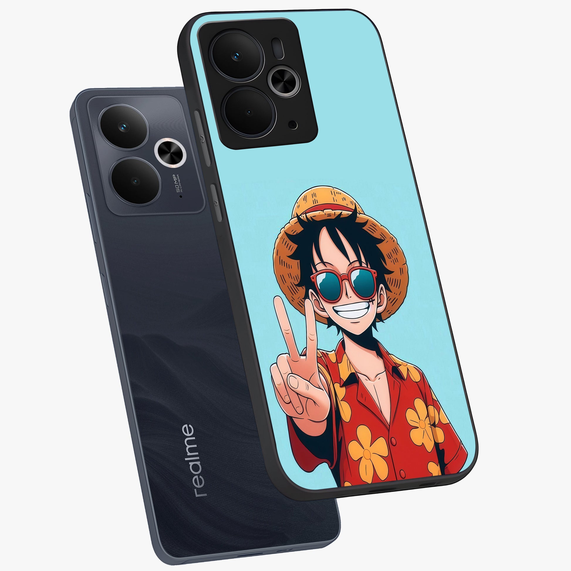 Luffy Summer Anime Vibe Glass Case displayed in angled mockup highlighting energetic anime illustration with summer vibe aesthetic.