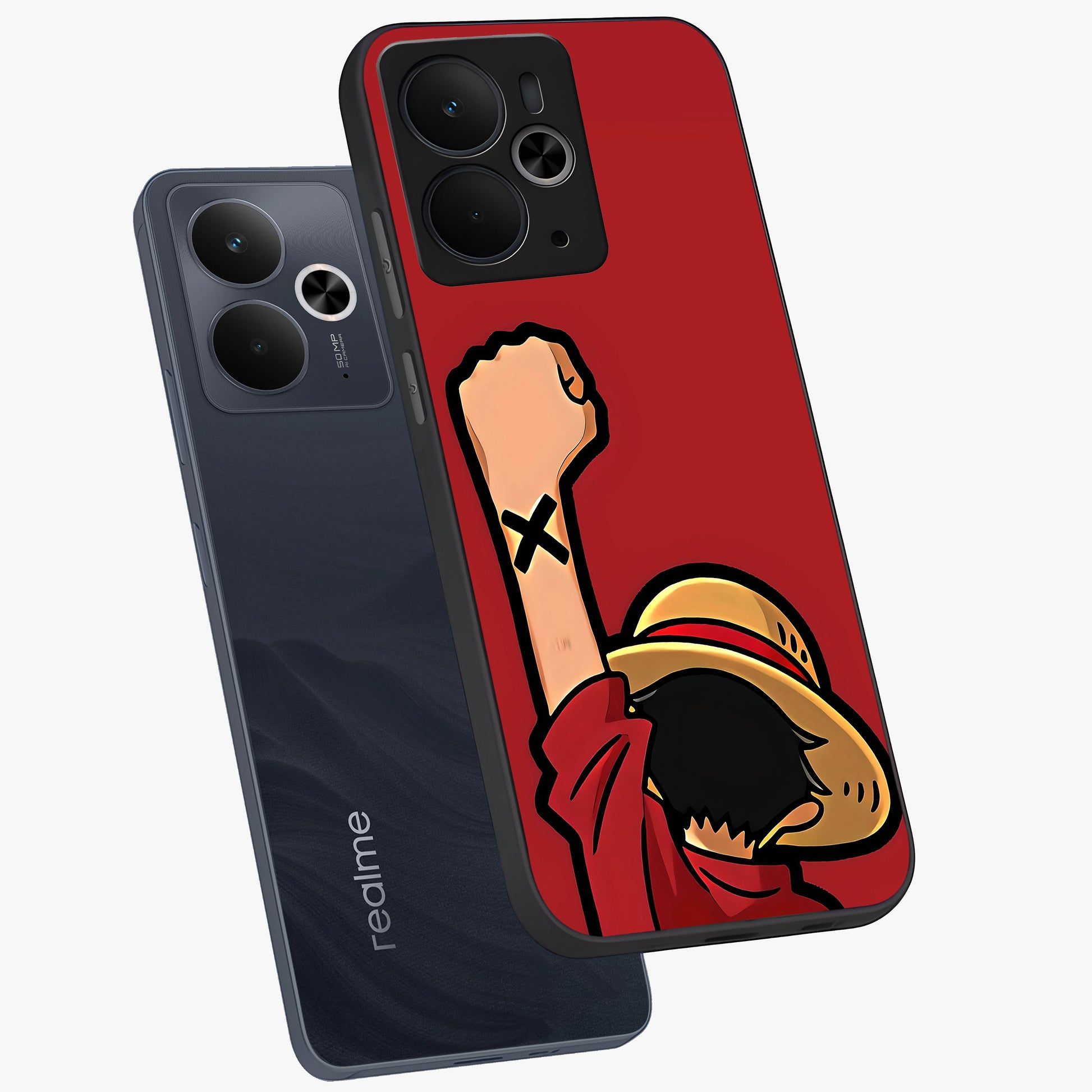 Luffy X Spirit Glass Case displayed in angled mockup highlighting powerful anime design with energetic action aesthetic.