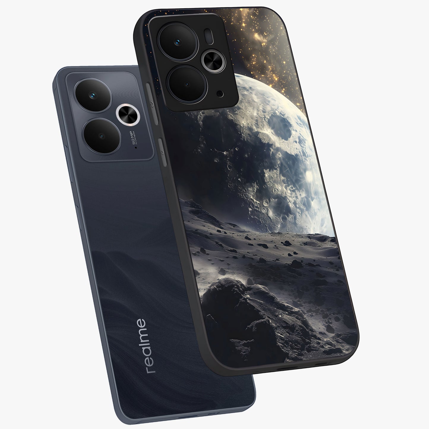 Lunar Horizon Glow Glass Case displayed in angled mockup highlighting celestial moon design with dreamy night aesthetic.