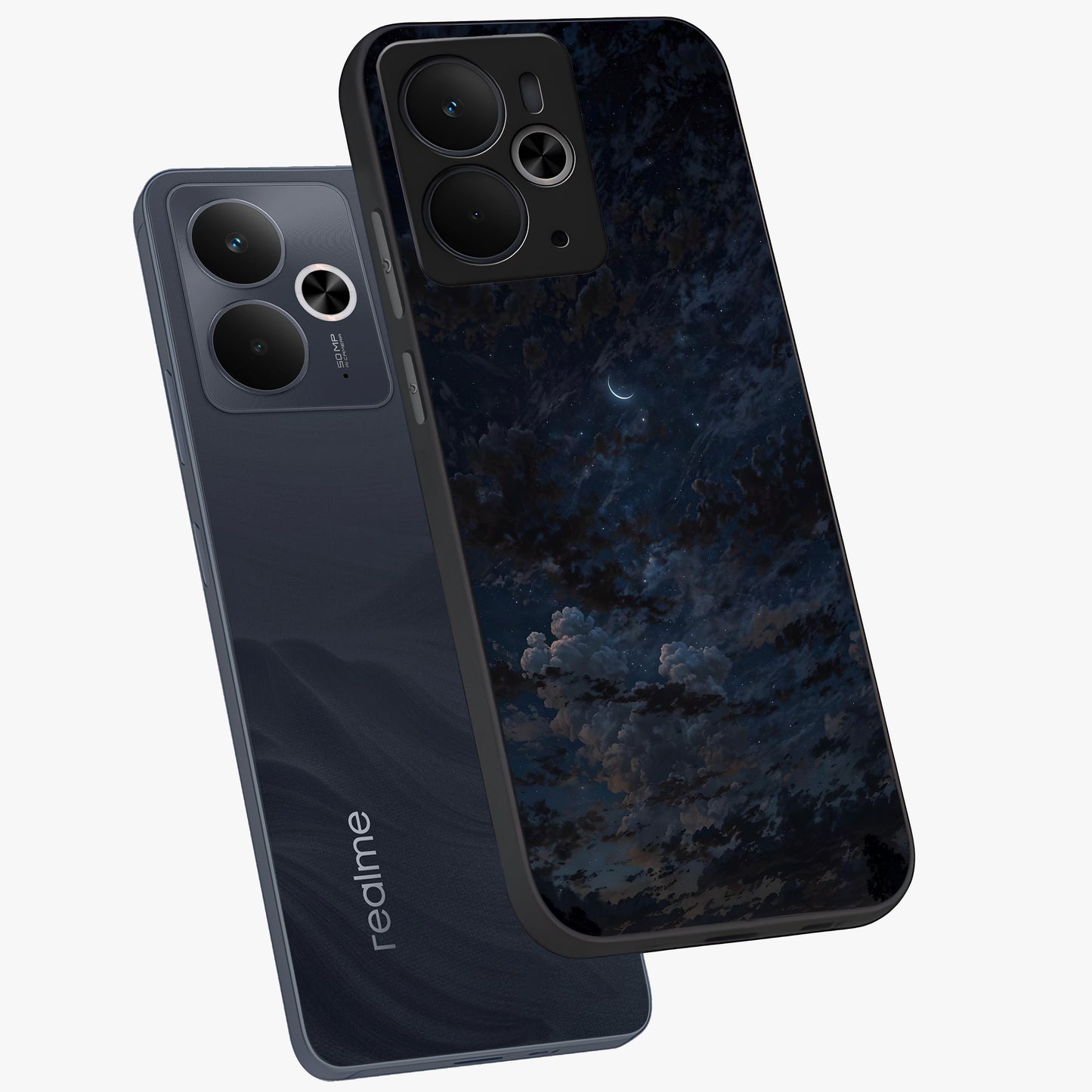 Lunar Veil Silence Glass Case displayed in angled mockup highlighting soft lunar design with peaceful celestial aesthetic.