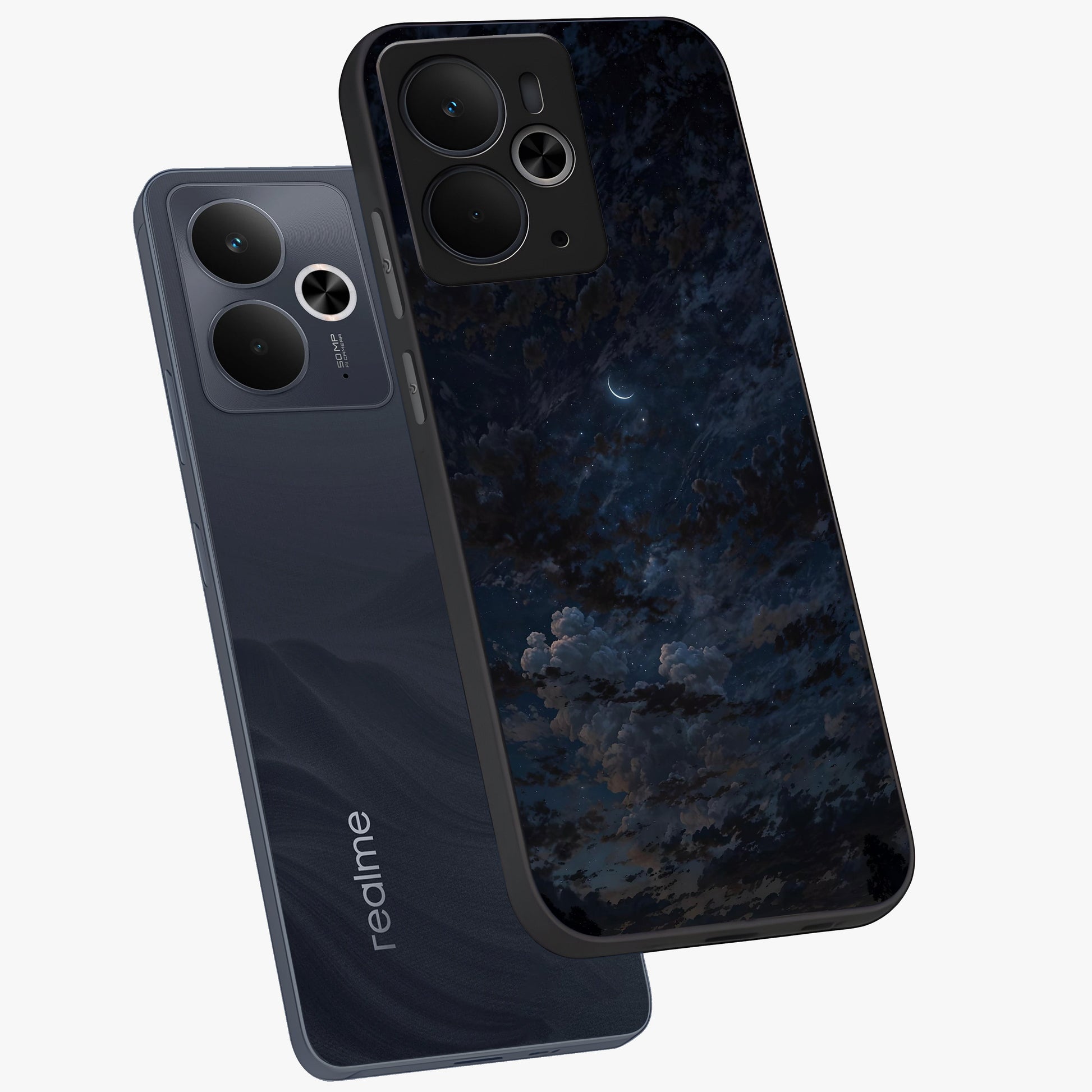Lunar Veil Silence Glass Case displayed in angled mockup highlighting soft lunar design with peaceful celestial aesthetic.