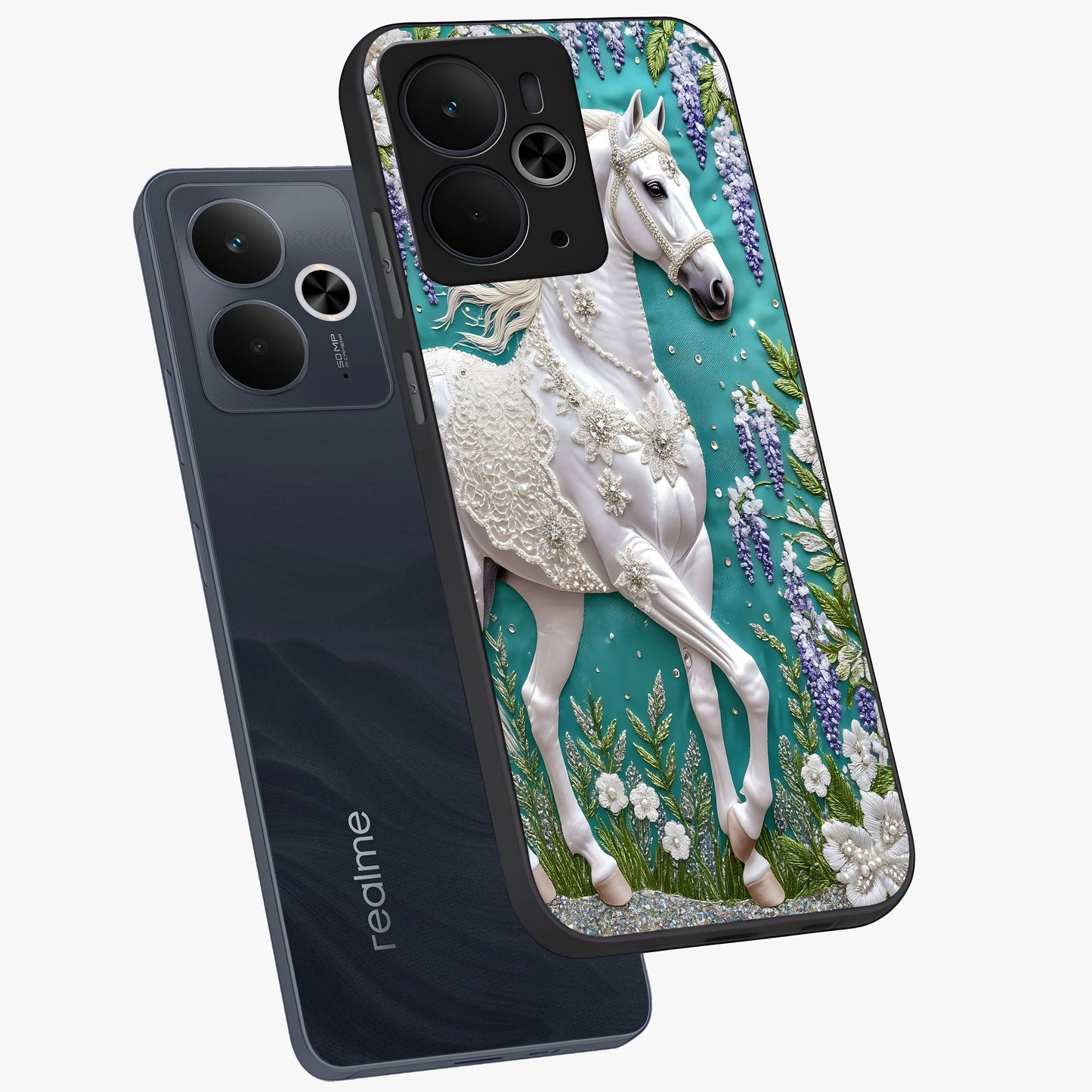 Majestic Floral Stallion Glass Case displayed in angled mockup highlighting majestic stallion illustration with elegant floral aesthetic.
