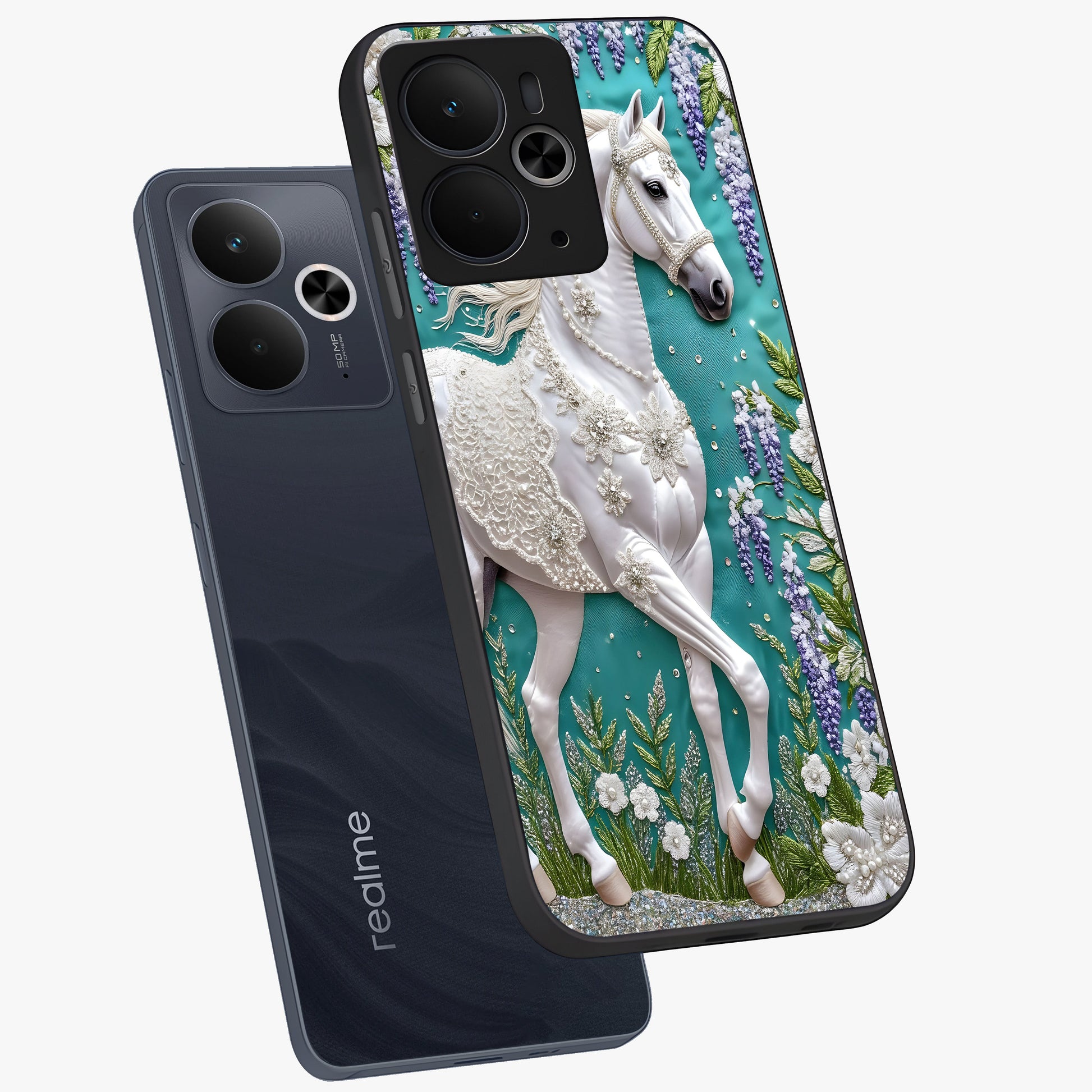 Majestic Floral Stallion Glass Case displayed in angled mockup highlighting majestic stallion illustration with elegant floral aesthetic.