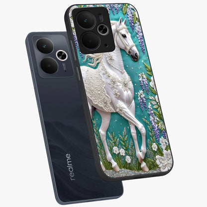Majestic Floral Stallion Glass Case displayed in angled mockup highlighting majestic stallion illustration with elegant floral aesthetic.