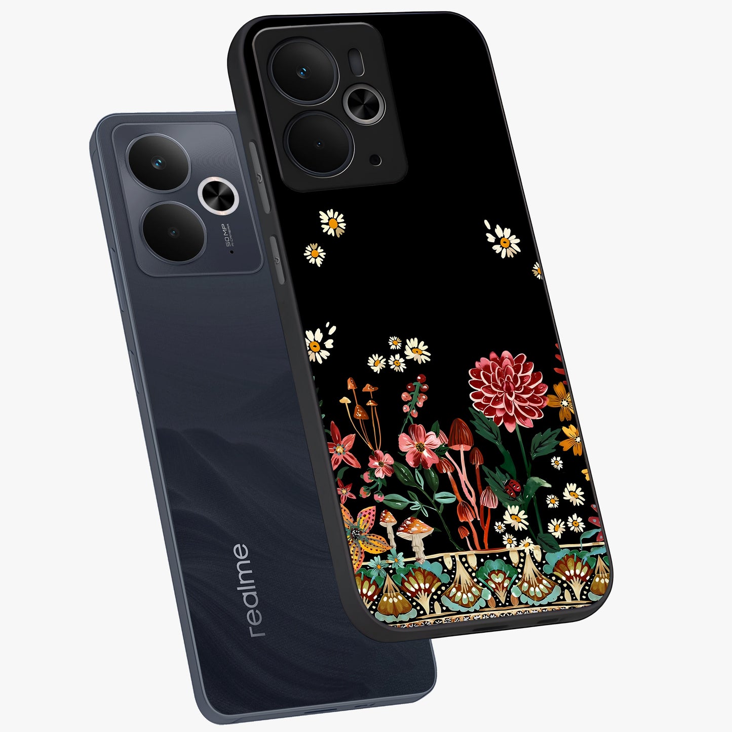 Midnight Bloom Pattern Glass Case displayed in angled mockup highlighting elegant flower design with midnight aesthetic style.