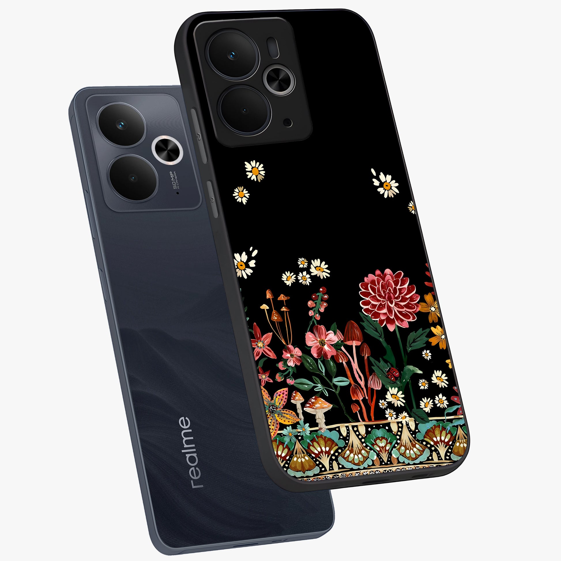 Midnight Bloom Pattern Glass Case displayed in angled mockup highlighting elegant flower design with midnight aesthetic style.