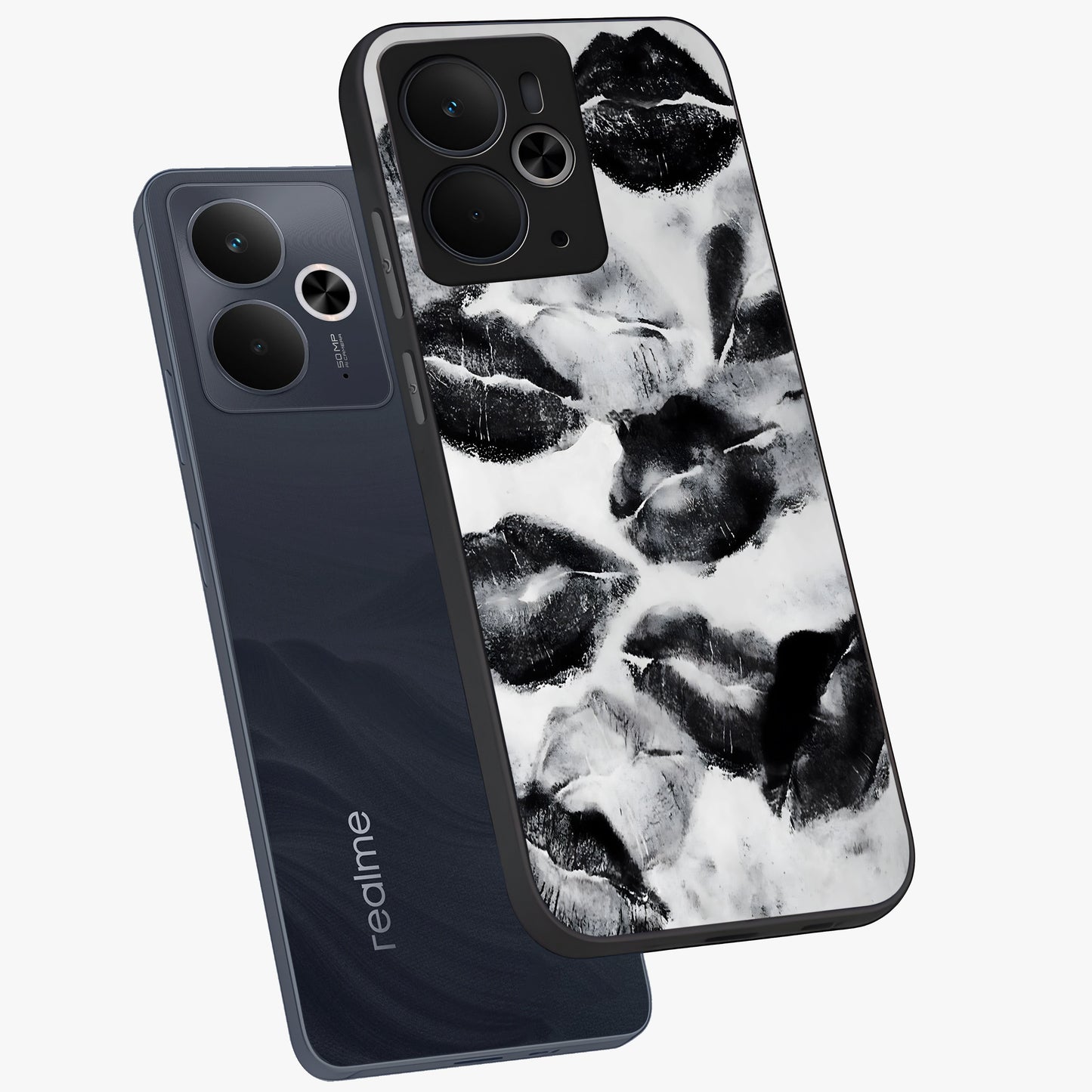 Midnight Kiss Marks Glass Case displayed in angled mockup highlighting playful romantic design with bold midnight aesthetic.