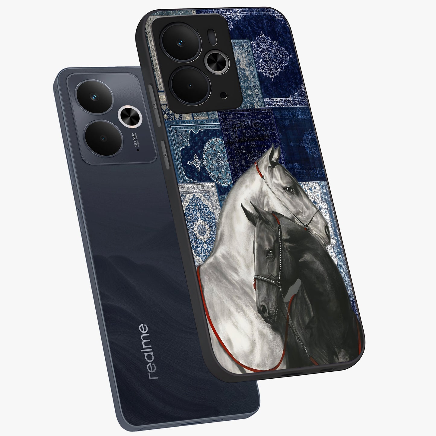 Midnight Stallion Blues Glass Case displayed in angled mockup highlighting powerful stallion illustration with deep midnight tones.