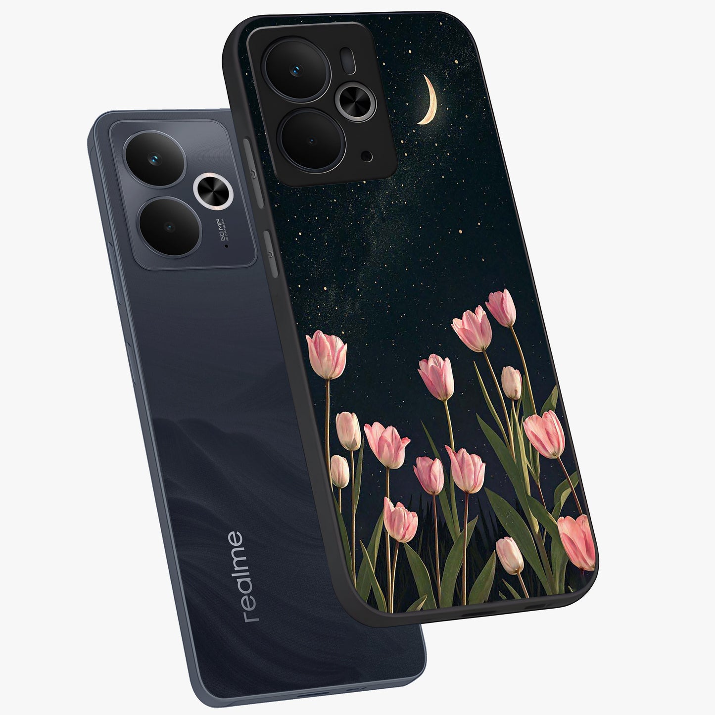 Midnight Tulip Whispers Vibe Glass Case displayed in angled mockup highlighting delicate tulip design with midnight floral aesthetic.
