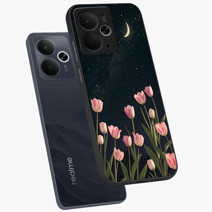 Midnight Tulip Whispers Vibe Glass Case displayed in angled mockup highlighting delicate tulip design with midnight floral aesthetic.