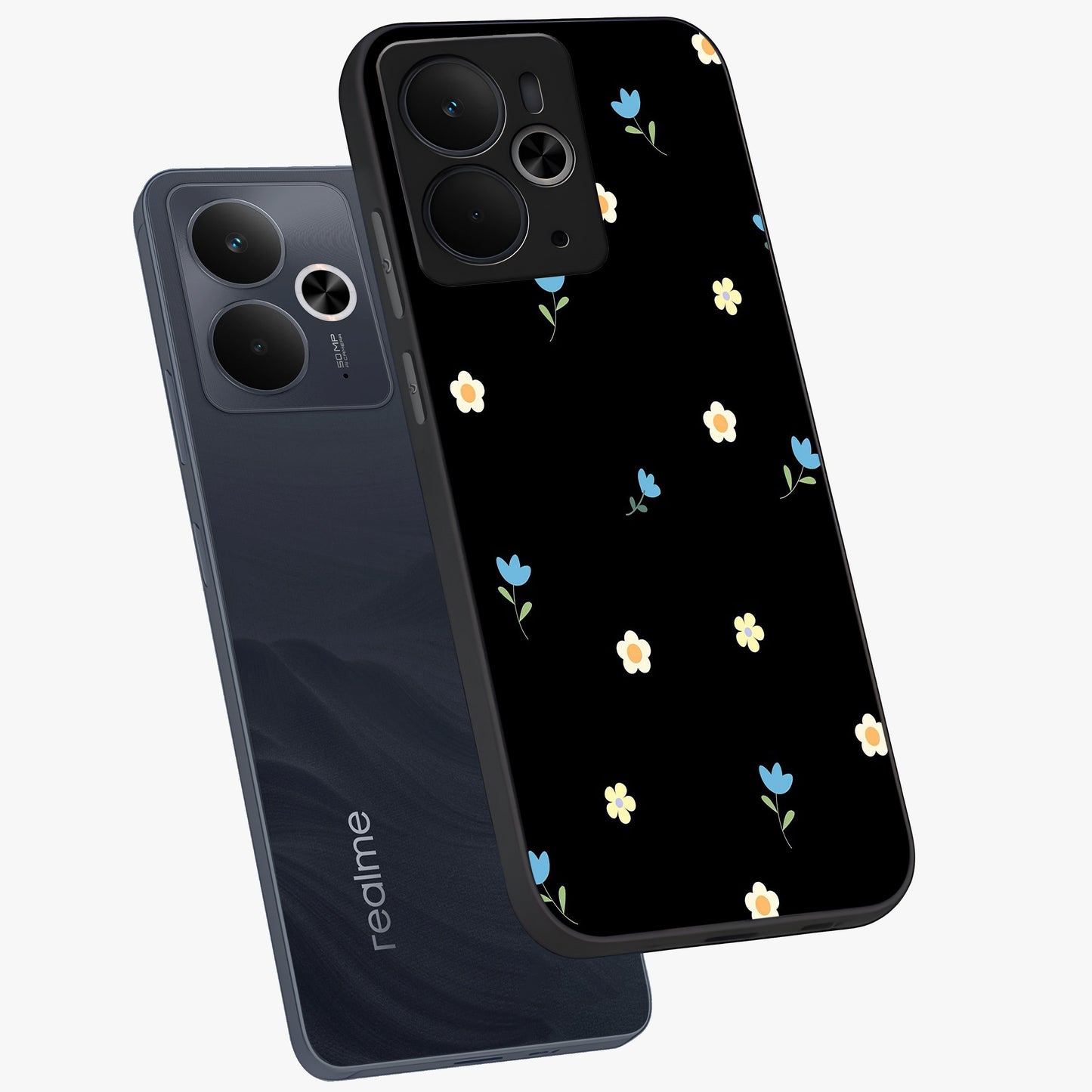 Minimal Petal Whispers Glass Case displayed in angled mockup highlighting delicate petal design with clean minimal aesthetic.