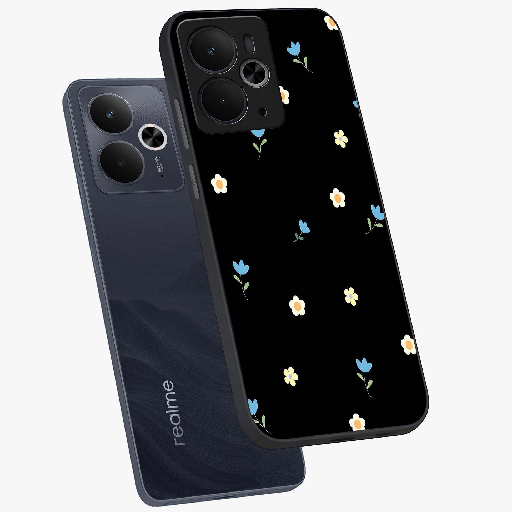 Minimal Petal Whispers Glass Case displayed in angled mockup highlighting delicate petal design with clean minimal aesthetic.