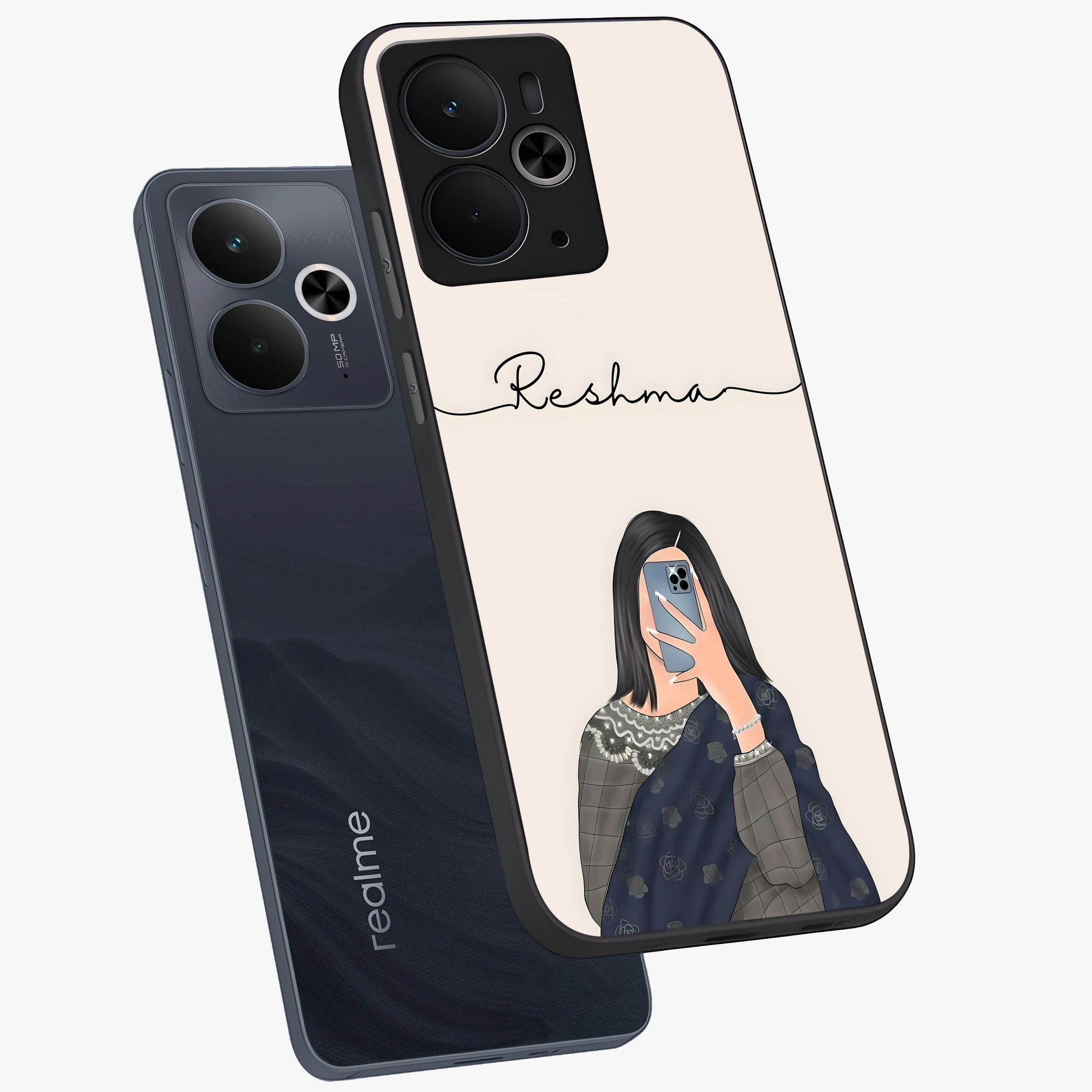 Mirror Mood Muse With Custom Name Glass Case displayed in angled mockup highlighting aesthetic mirror inspired design with custom name feature.