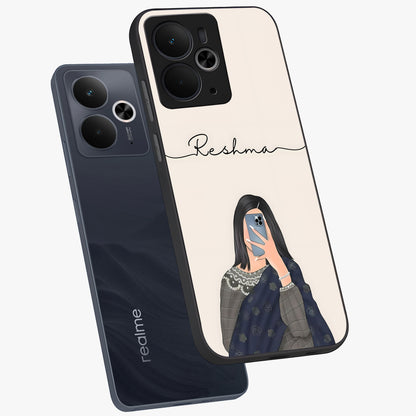 Mirror Mood Muse With Custom Name Glass Case displayed in angled mockup highlighting aesthetic mirror inspired design with custom name feature.