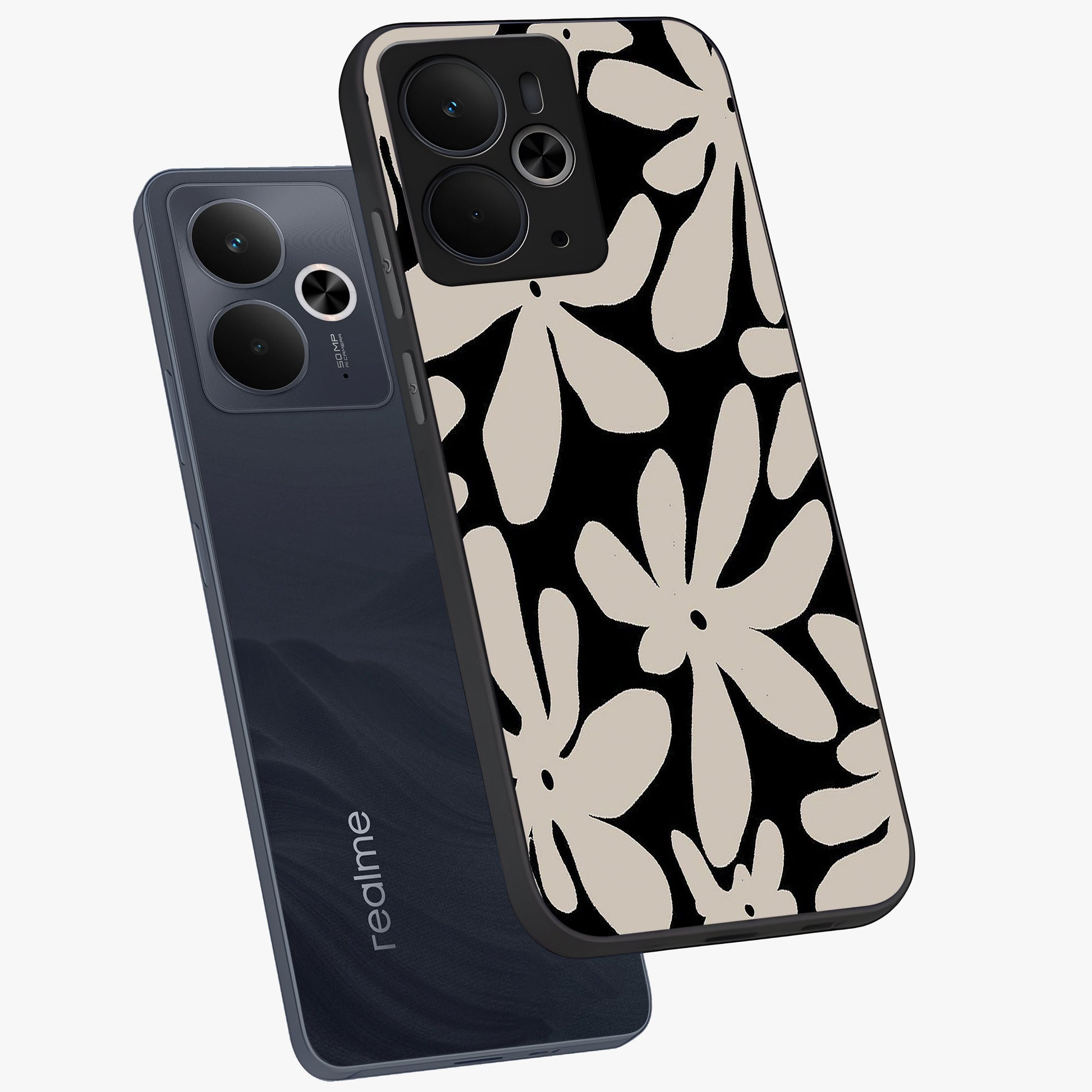Monochrome Petal Dance Glass Case displayed in angled mockup highlighting elegant petal design with black and white aesthetic.