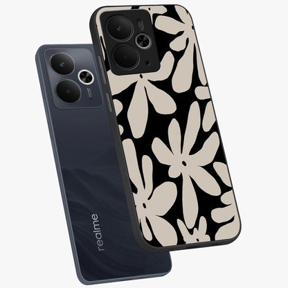 Monochrome Petal Dance Glass Case displayed in angled mockup highlighting elegant petal design with black and white aesthetic.