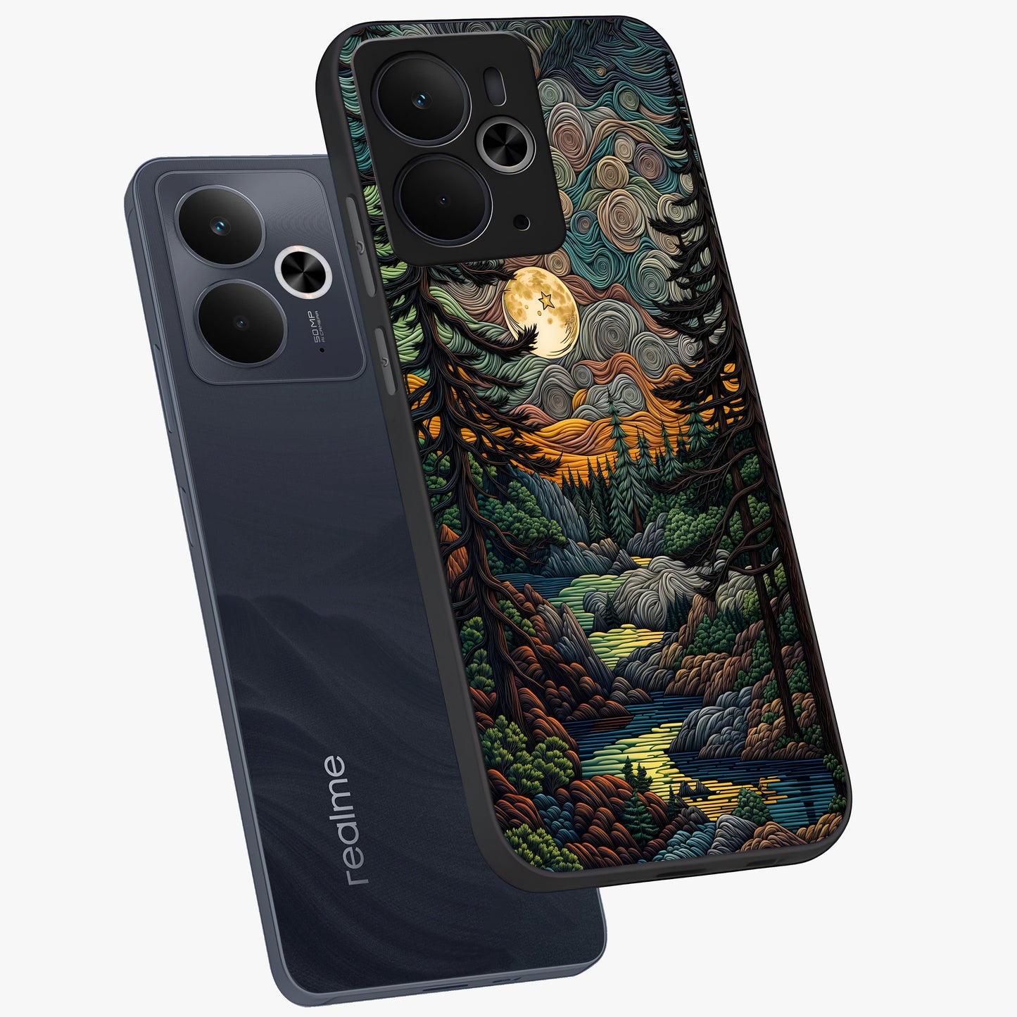 Moonlight Forest Dream Glass Case displayed in angled mockup highlighting dreamy forest design with glowing moon aesthetic.