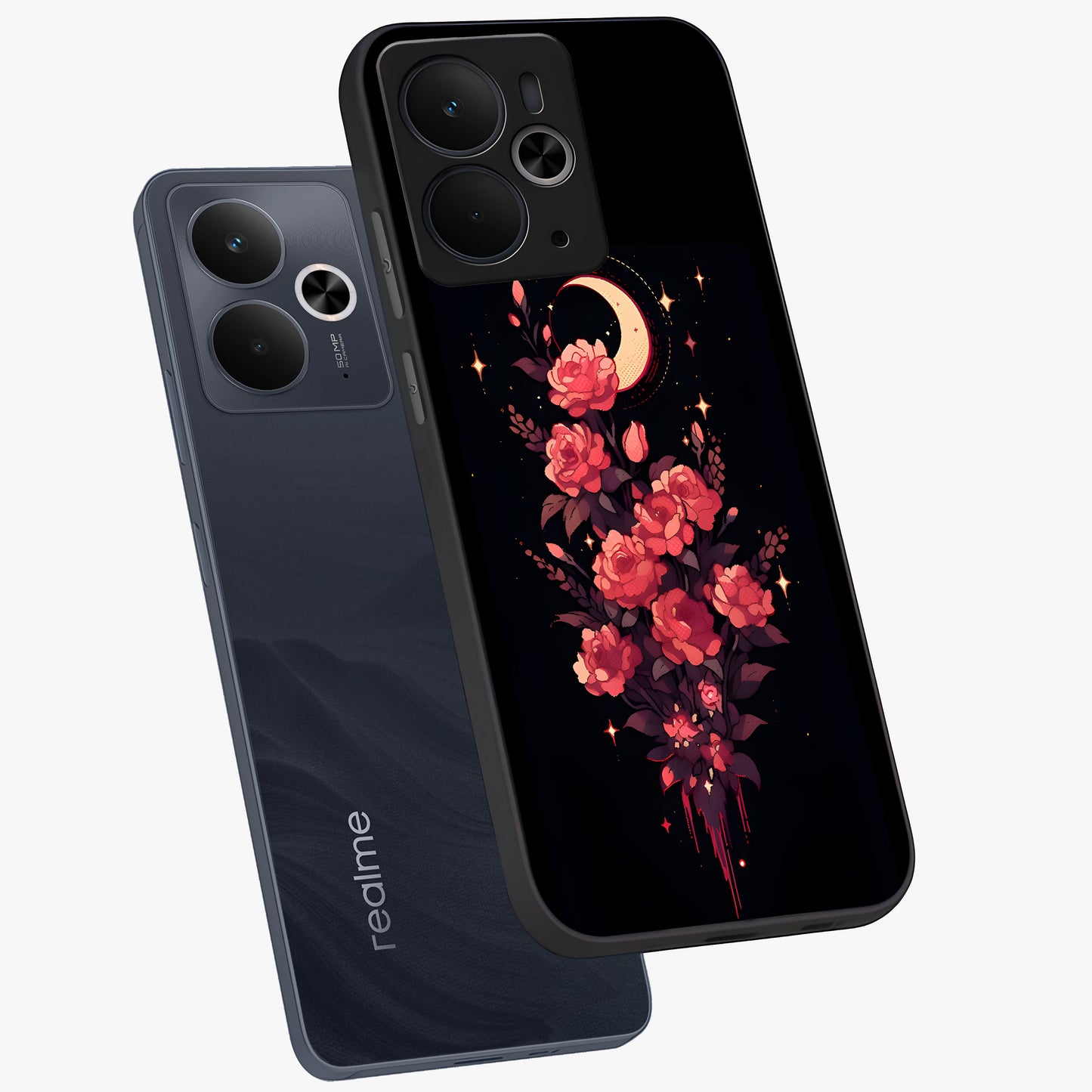 Moonlit Floral Elegance Glass Case displayed in angled mockup highlighting graceful flower design with soft moonlight aesthetic.