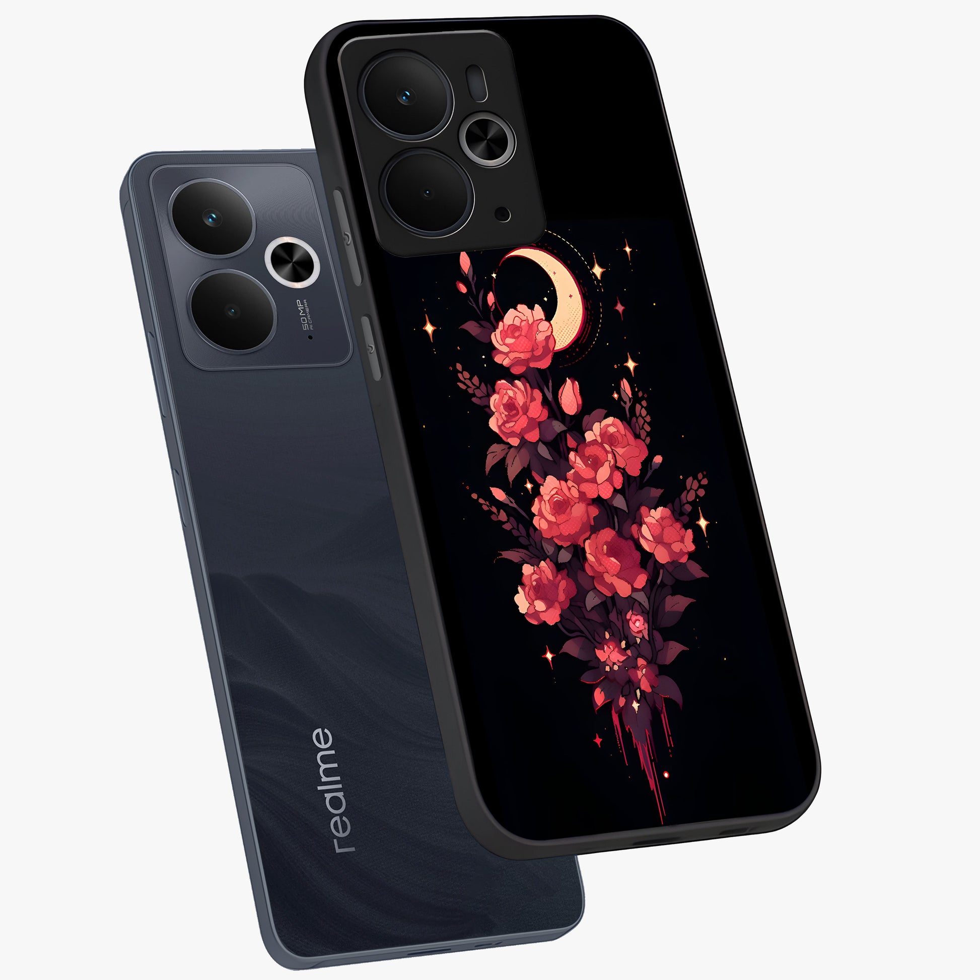 Moonlit Floral Elegance Glass Case displayed in angled mockup highlighting graceful flower design with soft moonlight aesthetic.