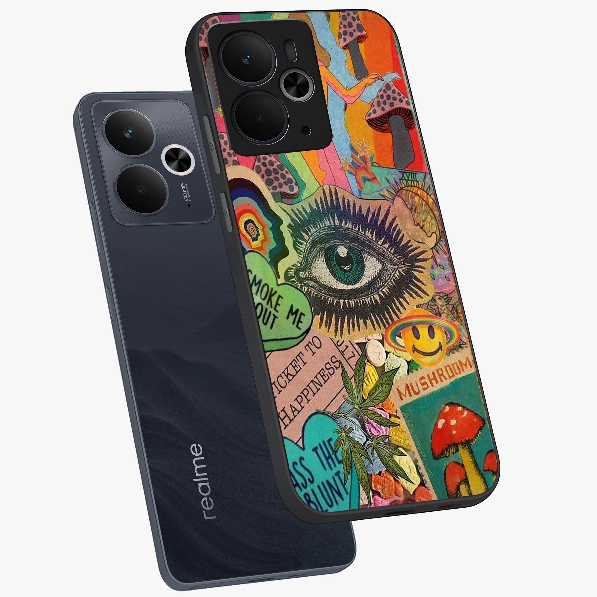 Mystic Eye Wonderland Glass Case displayed in angled mockup highlighting magical eye illustration with dreamy aesthetic.