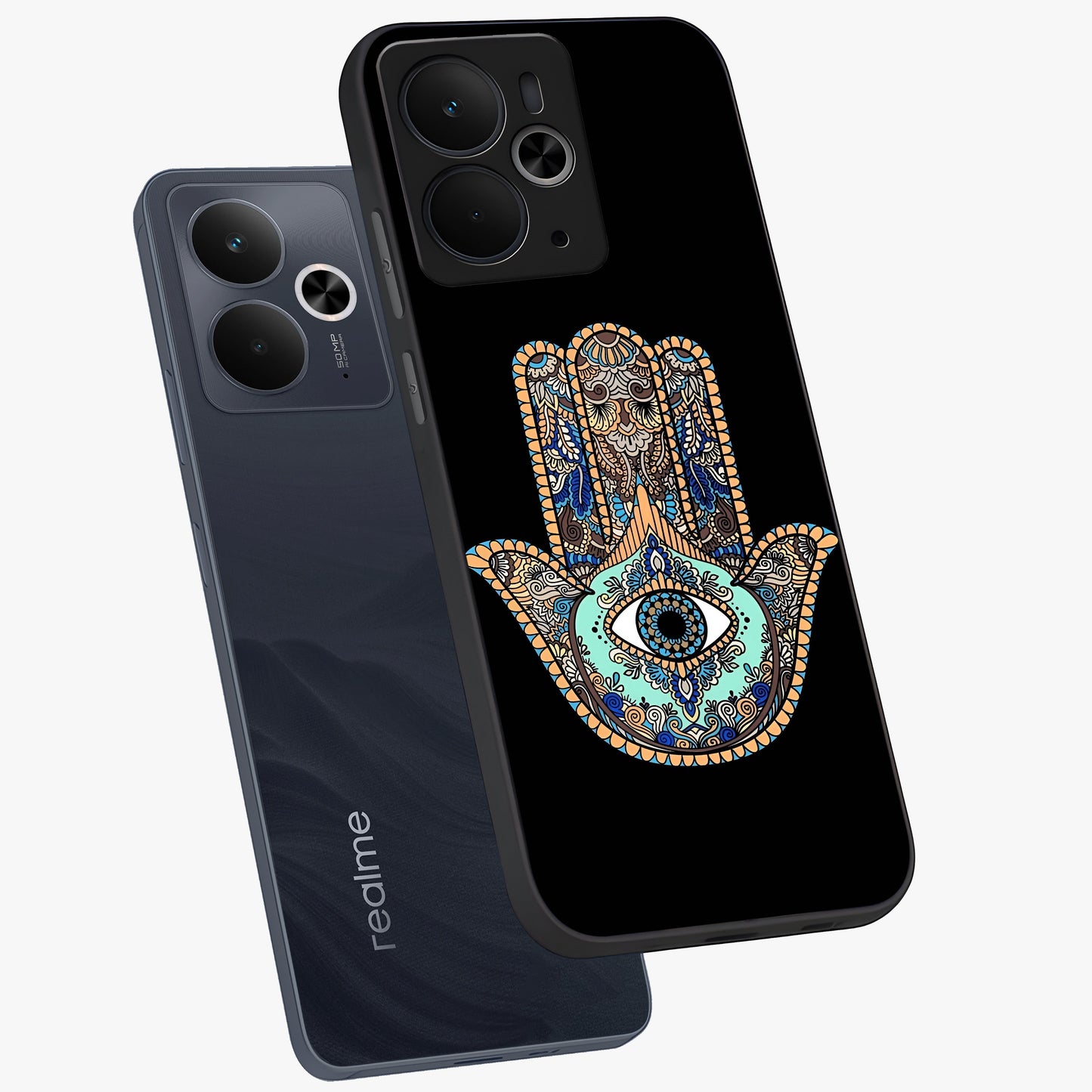 Mystic Hamsa Eye Glass Case displayed in angled mockup highlighting spiritual hamsa symbol with mystical aesthetic style.