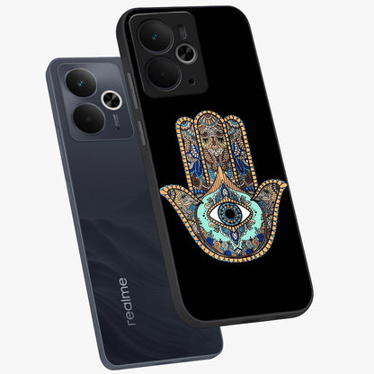 Mystic Hamsa Eye Glass Case displayed in angled mockup highlighting spiritual hamsa symbol with mystical aesthetic style.