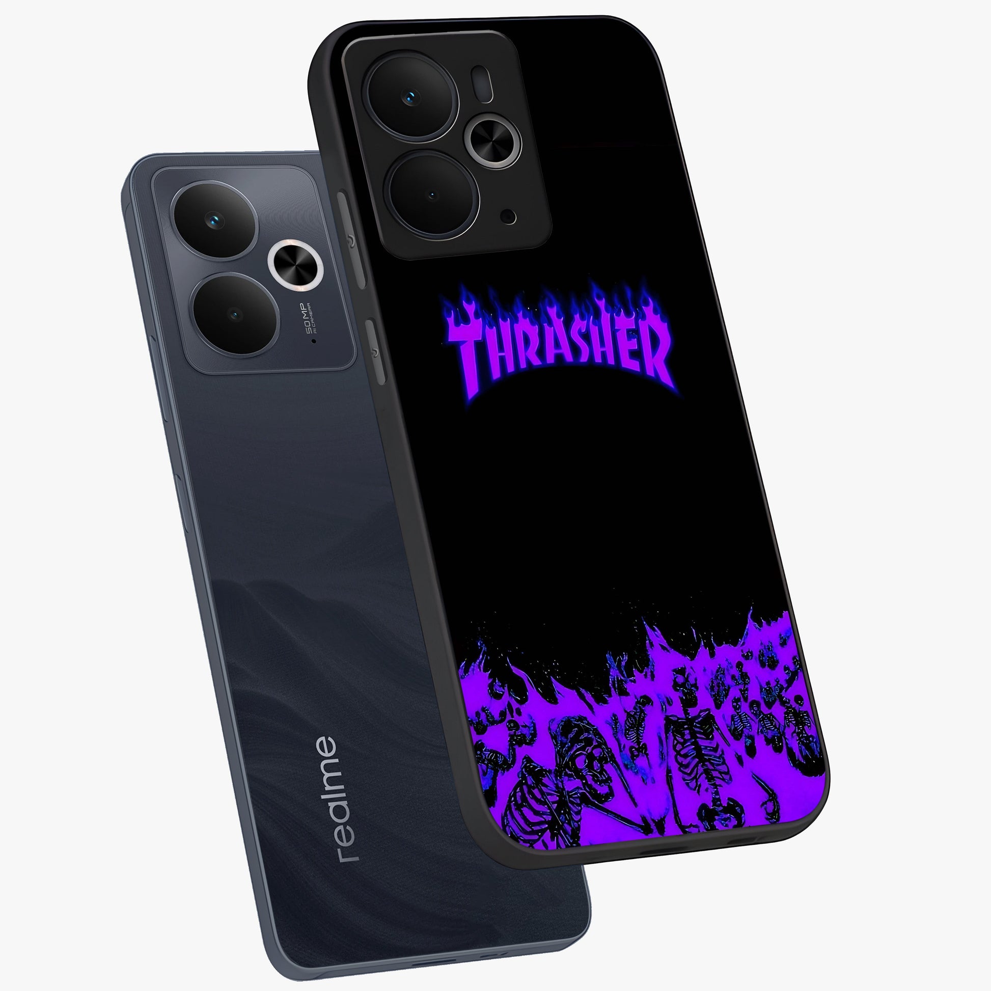 Neon Flame Riot Glass Case displayed in angled mockup highlighting glowing flame design with vibrant neon aesthetic.