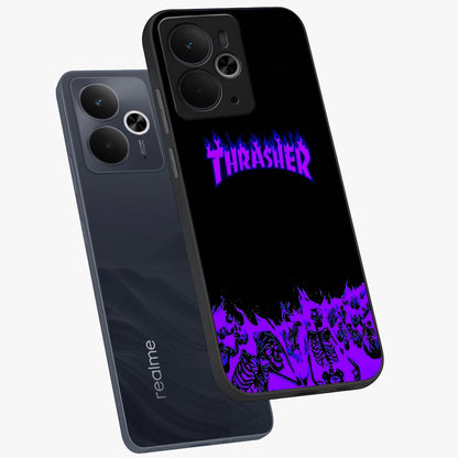 Neon Flame Riot Glass Case displayed in angled mockup highlighting glowing flame design with vibrant neon aesthetic.