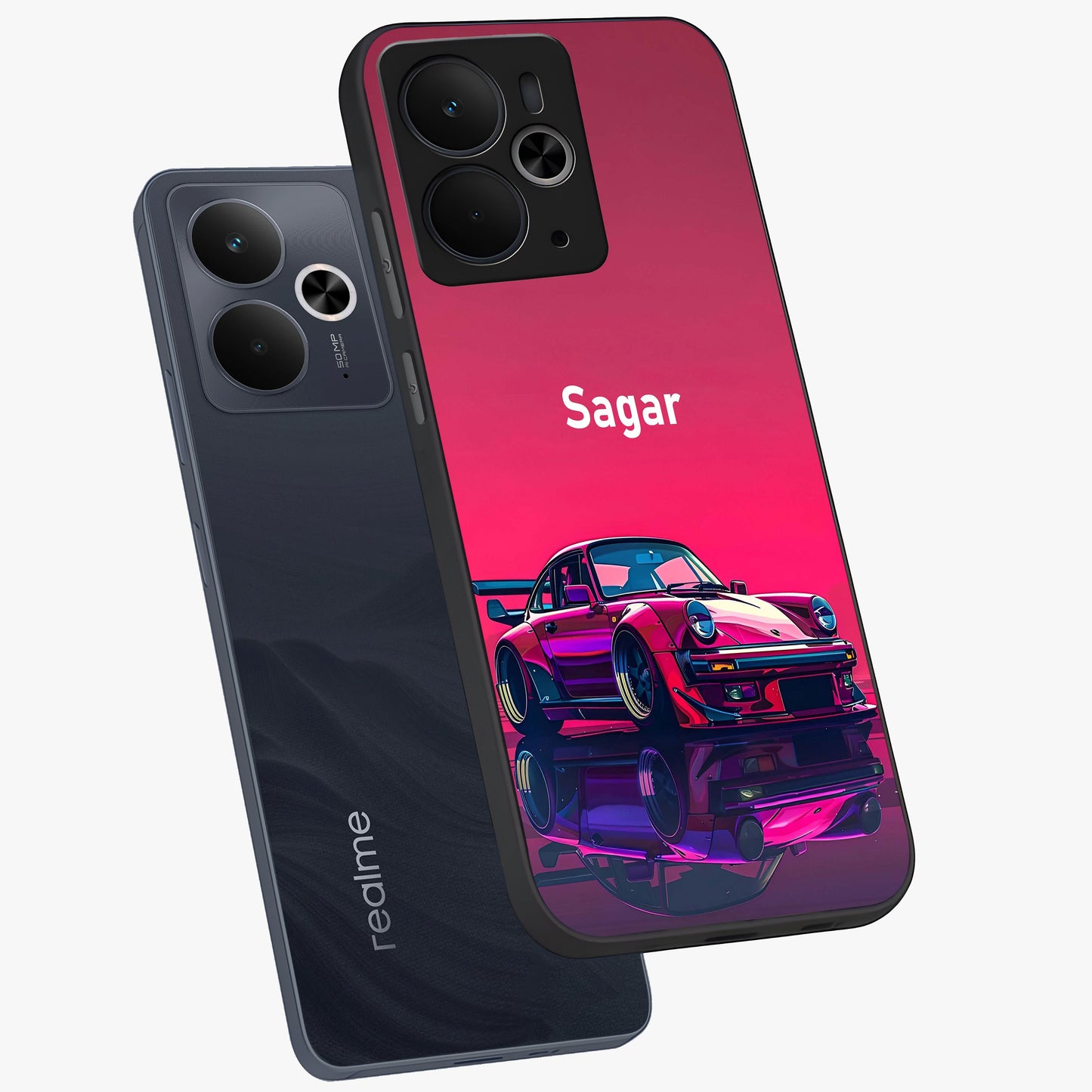 Neon Pink Porsche Glass Case displayed in angled mockup highlighting sleek neon pink car design with racing aesthetic.