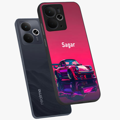 Neon Pink Porsche Glass Case displayed in angled mockup highlighting sleek neon pink car design with racing aesthetic.