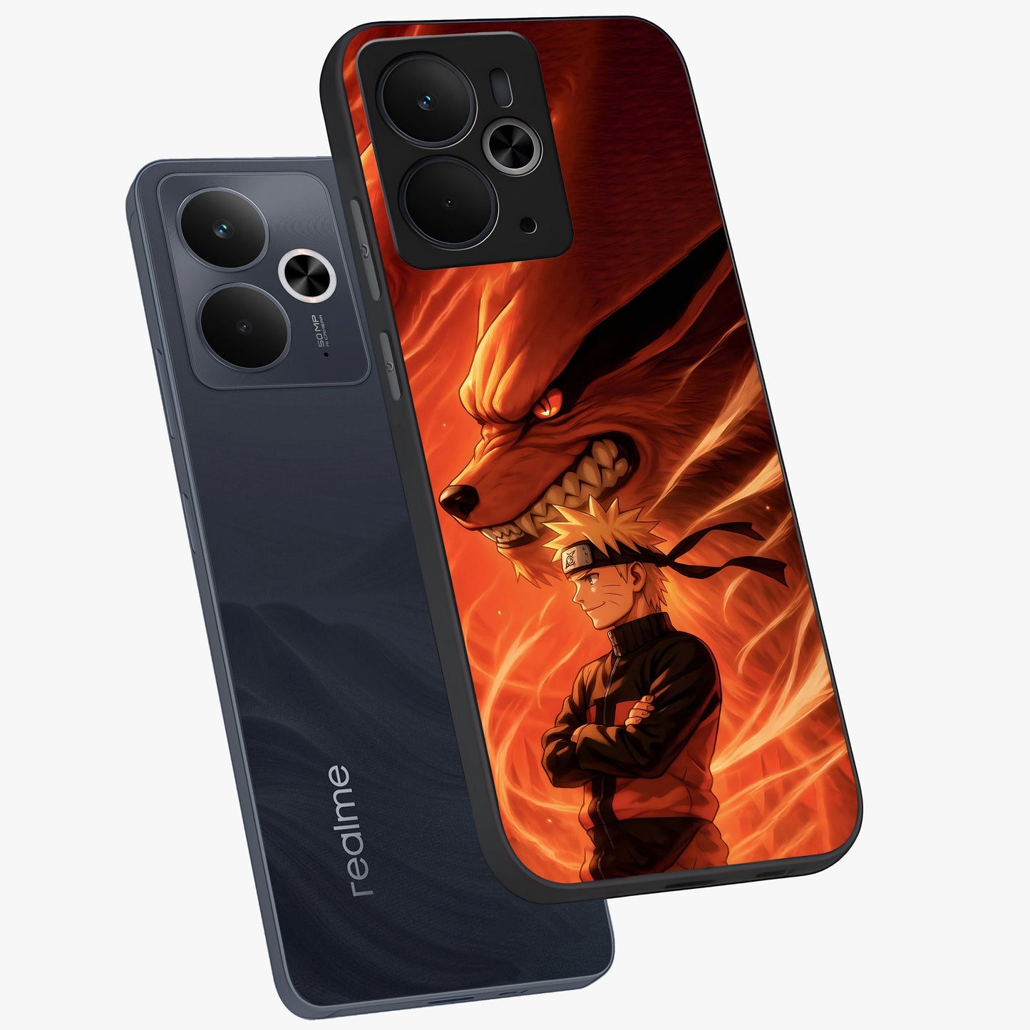 Nine Tails Legacy Glass Case displayed in angled mockup highlighting dynamic anime beast illustration with bold mystical aesthetic.