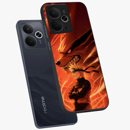 Nine Tails Legacy Glass Case displayed in angled mockup highlighting dynamic anime beast illustration with bold mystical aesthetic.