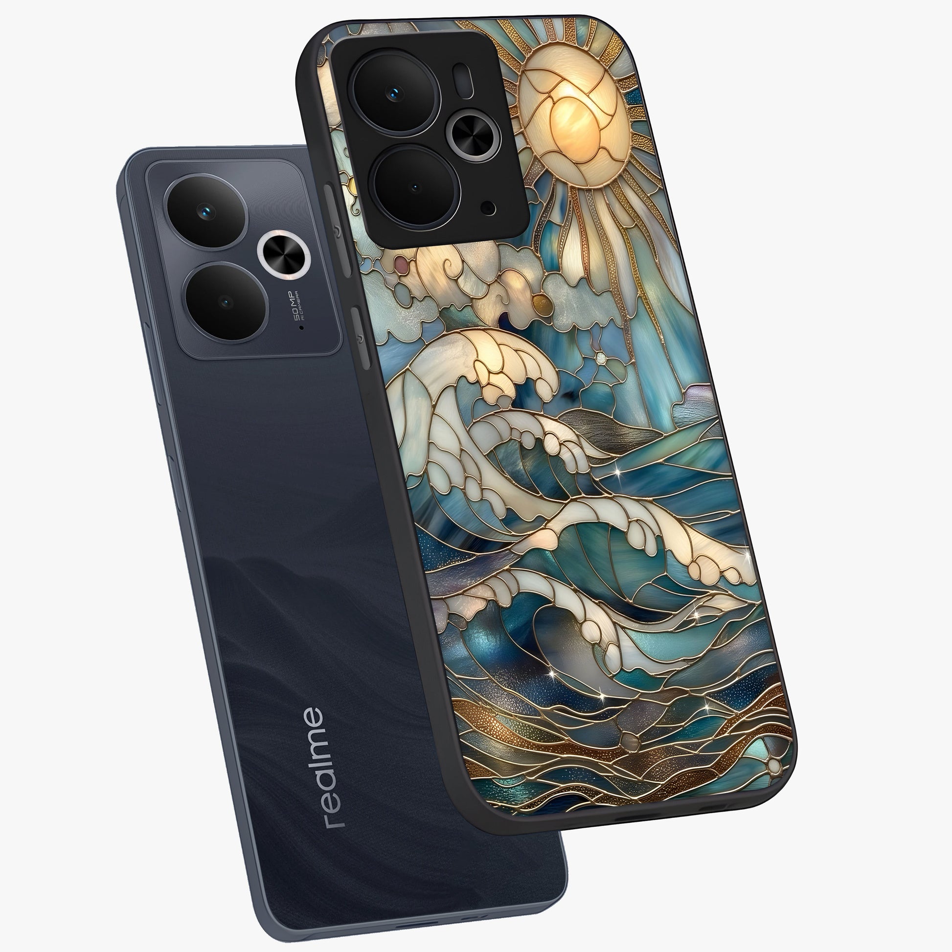 Oceanic Stained Printed Glass Case displayed in angled mockup highlighting colorful aquatic design with artistic aesthetic style.