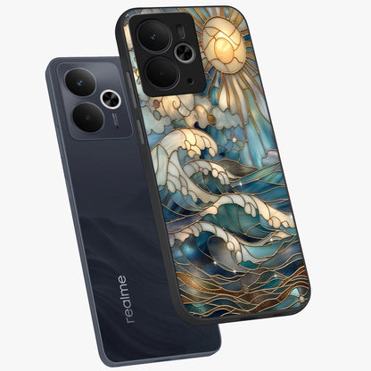 Oceanic Stained Printed Glass Case displayed in angled mockup highlighting colorful aquatic design with artistic aesthetic style.