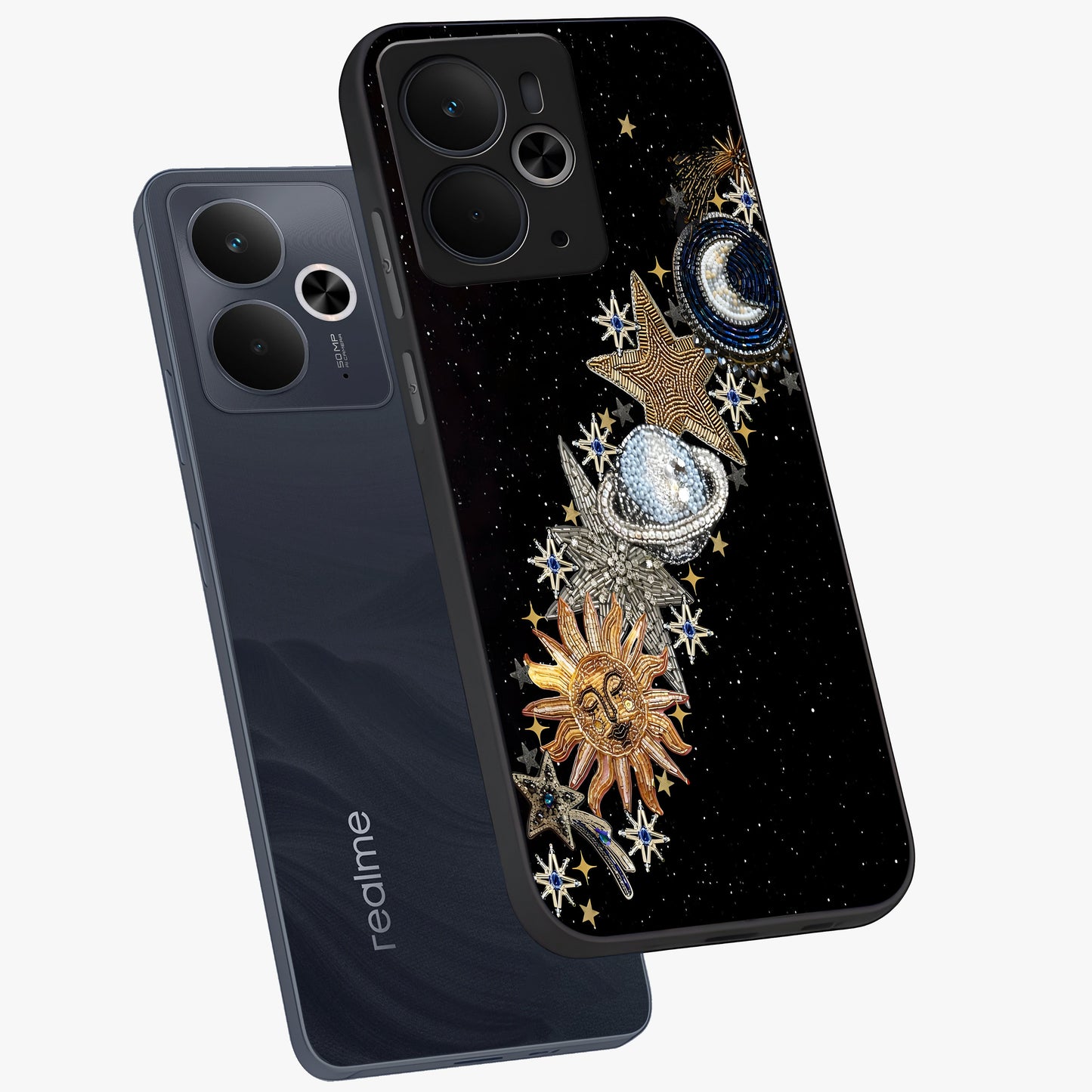 Pearls Universe Object Glass Case displayed in angled mockup highlighting celestial pearl design with dreamy aesthetic.