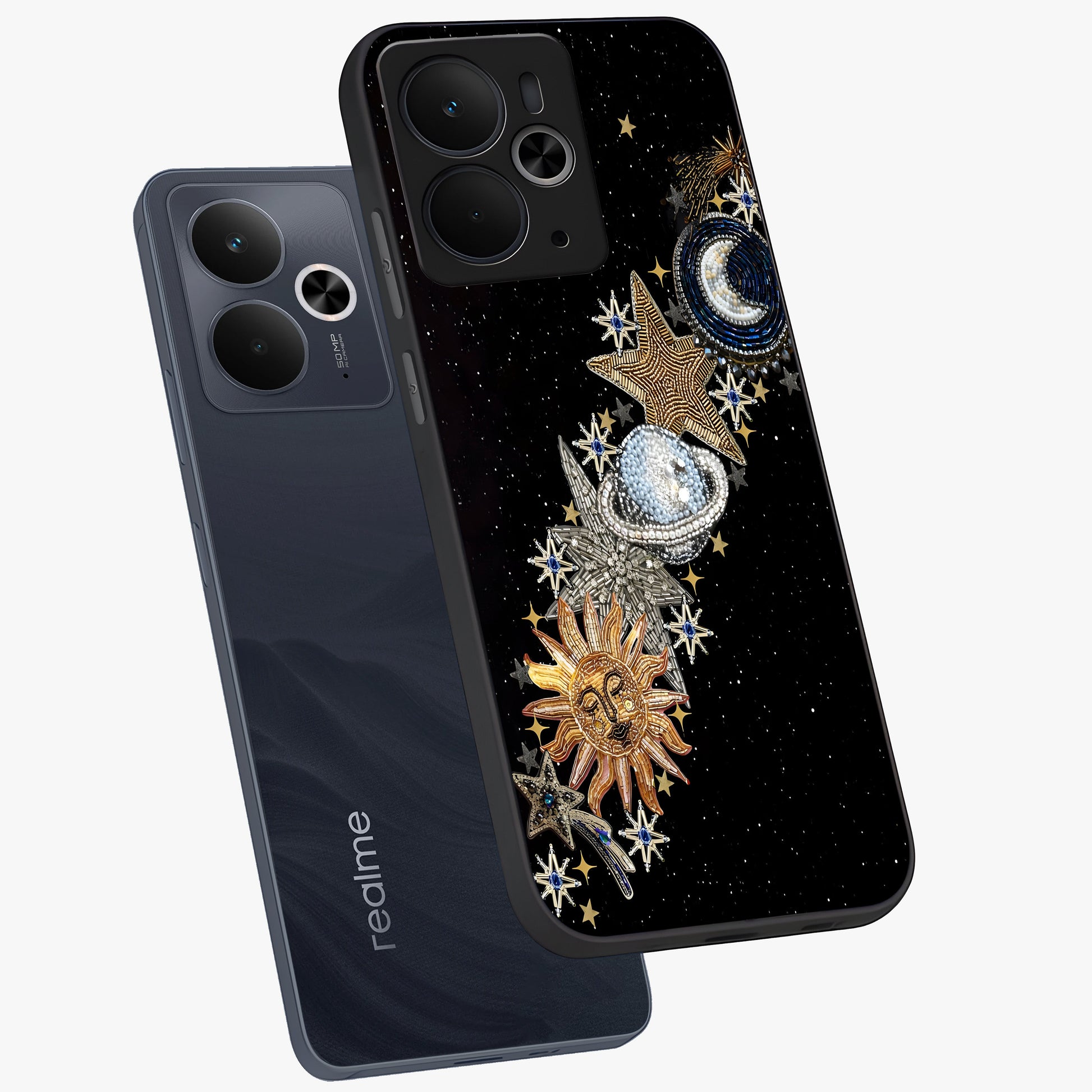 Pearls Universe Object Glass Case displayed in angled mockup highlighting celestial pearl design with dreamy aesthetic.