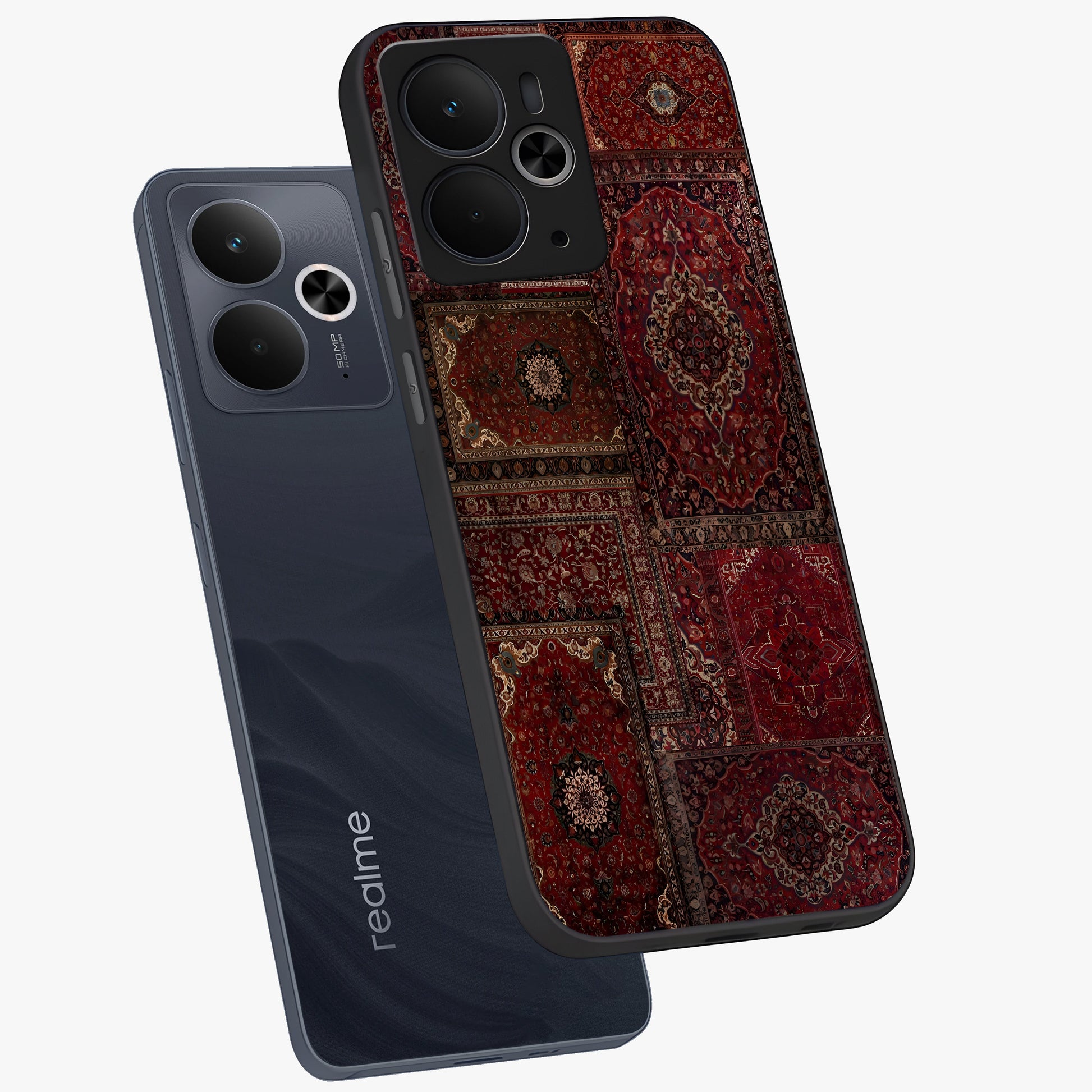 Persian Velvet Tale Glass Case displayed in angled mockup highlighting ornate textile inspired design with royal aesthetic.