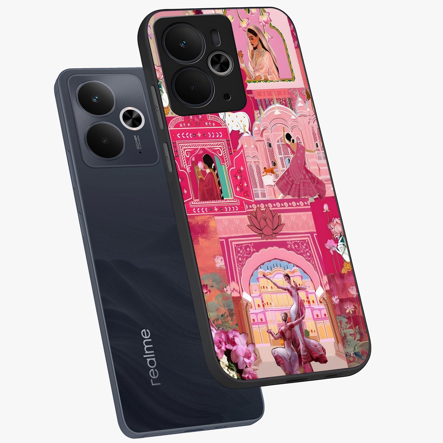 Pink Palace Muse Glass Case displayed in angled mockup highlighting dreamy palace illustration with soft pink aesthetic.