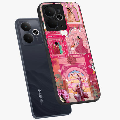Pink Palace Muse Glass Case displayed in angled mockup highlighting dreamy palace illustration with soft pink aesthetic.