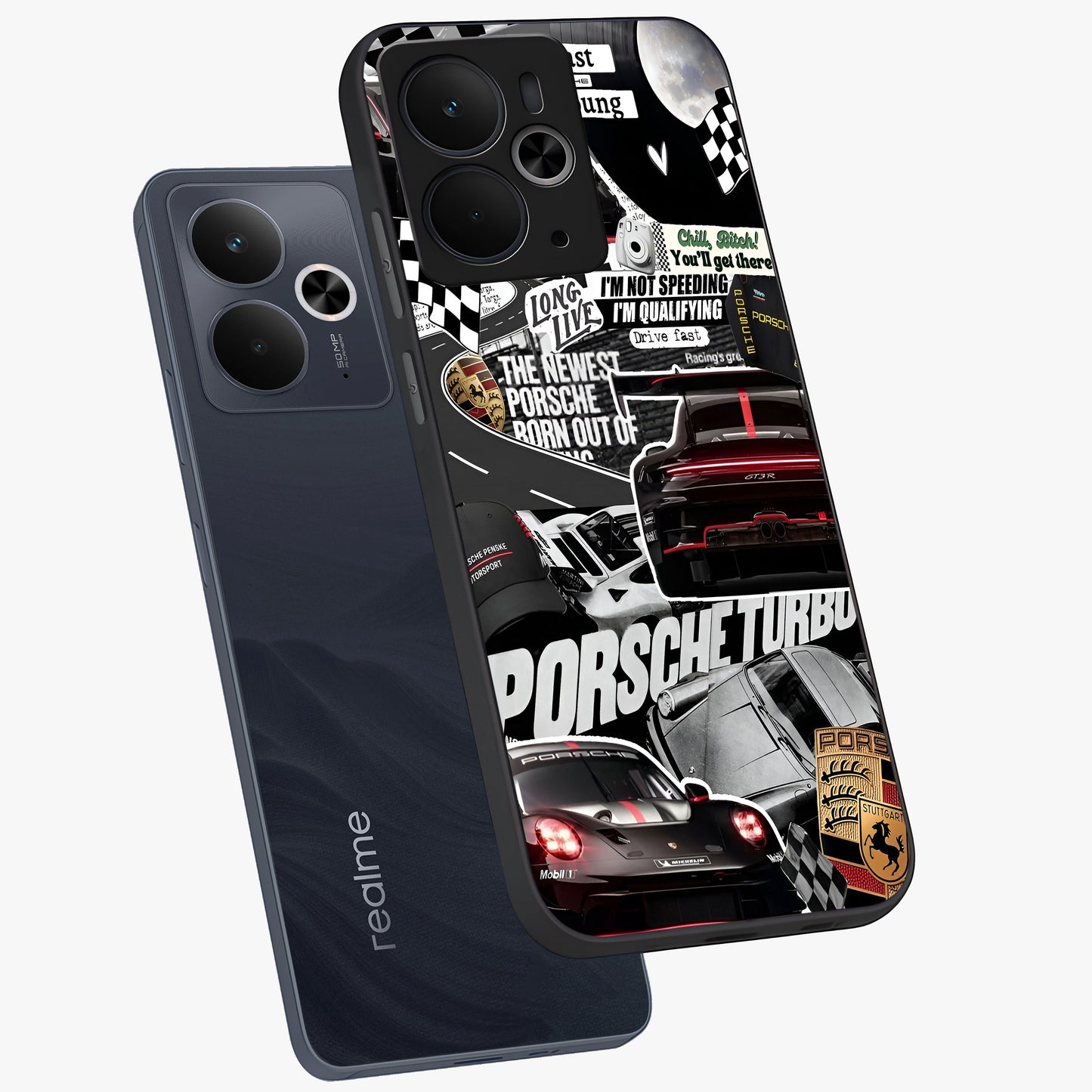 Porsche Racing Collage Glass Case displayed in angled mockup highlighting dynamic automotive design with bold racing aesthetic.