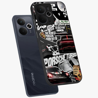Porsche Racing Collage Glass Case displayed in angled mockup highlighting dynamic automotive design with bold racing aesthetic.